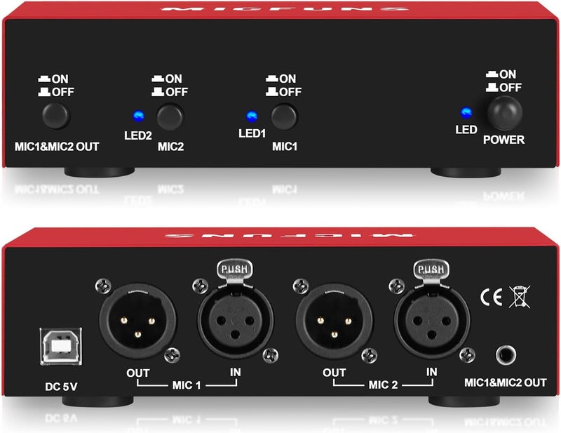 micfuns MC New 2 Channel 48V Phantom Power Supply with 3.5mm Audio Cable to Connect Audio Interface for Condenser Microphone Music Recording Equipment (MC2-new red) - Image 1